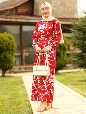 Ceylan Otantik Kırmızı Japon Çiçeği A Kesim Elbise