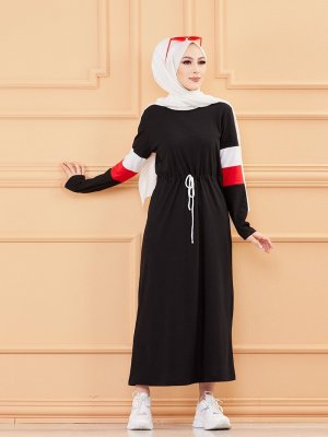 Tofisa Siyah Kolları Şeritli Belden Bağcıklı Elbise