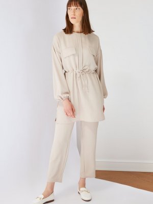 Trendyol Modest Bej Cep Detaylı Tunik Pantolon Alt Üst Takım