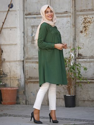 Nurkombin Haki Dantel Detaylı Tunik