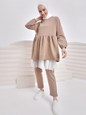 İnşirah Camel Doğal Kumaşlı Tunik & Pantolon Takım