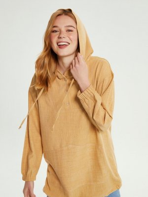 Muni Muni Camel Keten Görünümlü Kapüşonlu Tunik