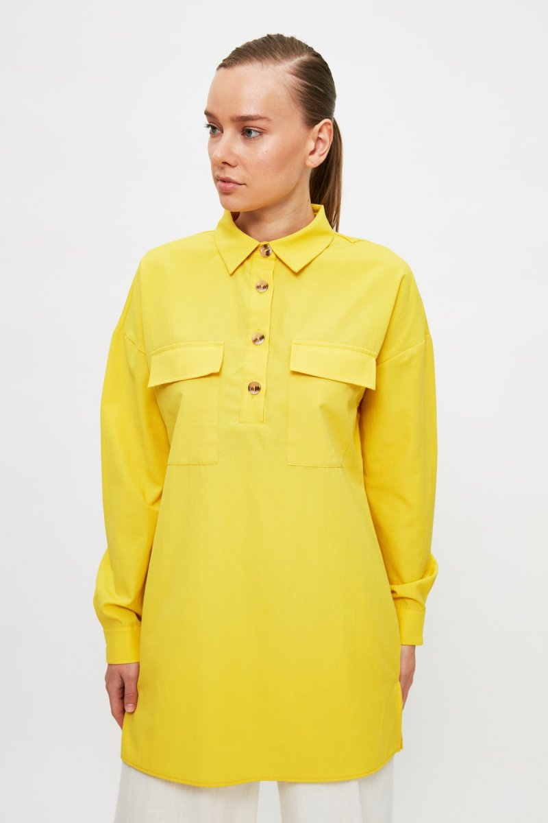 Trendyol Modest Sarı Gömlek Yaka Tunik