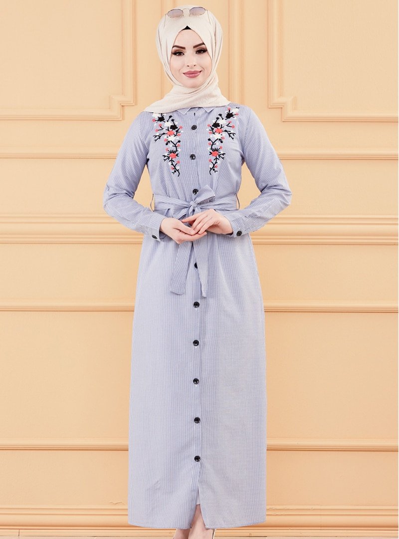 Tofisa Mavi Nakışlı Boydan Düğmeli Elbise