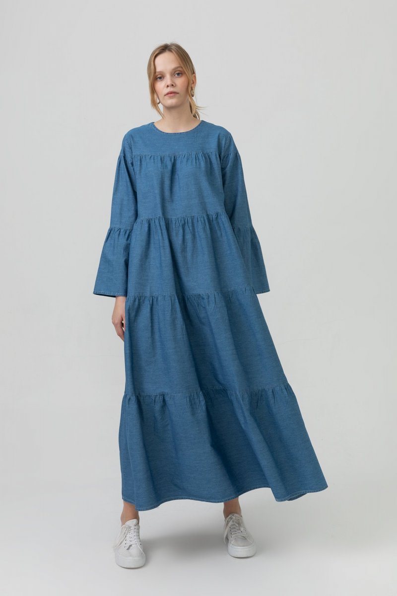 Touche Prive Açık Mavi Büzgülü İnce Kot Elbise