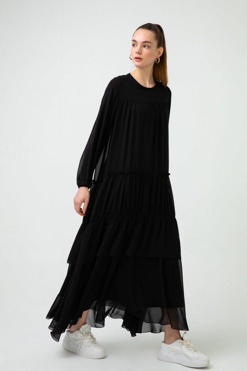 Touche Prive Siyah Büzgülü Şifon Elbise