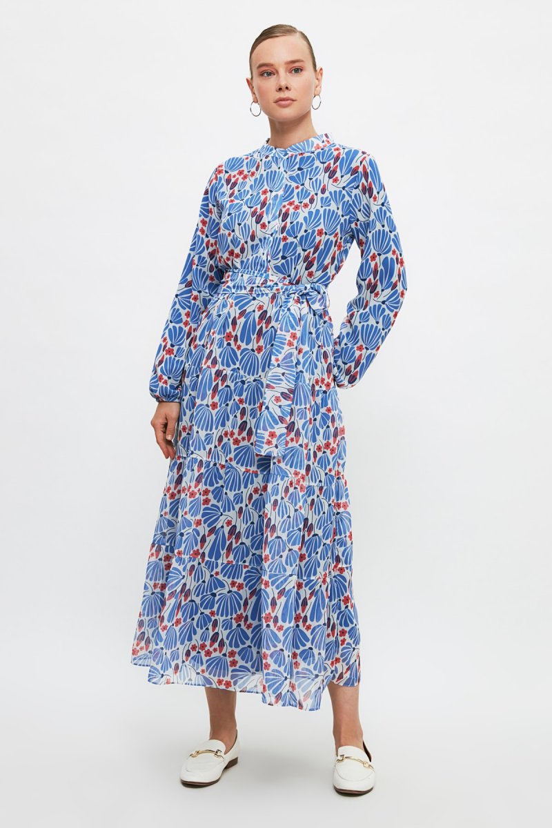 Trendyol Modest Saks Çiçek Desen Şifon Elbise