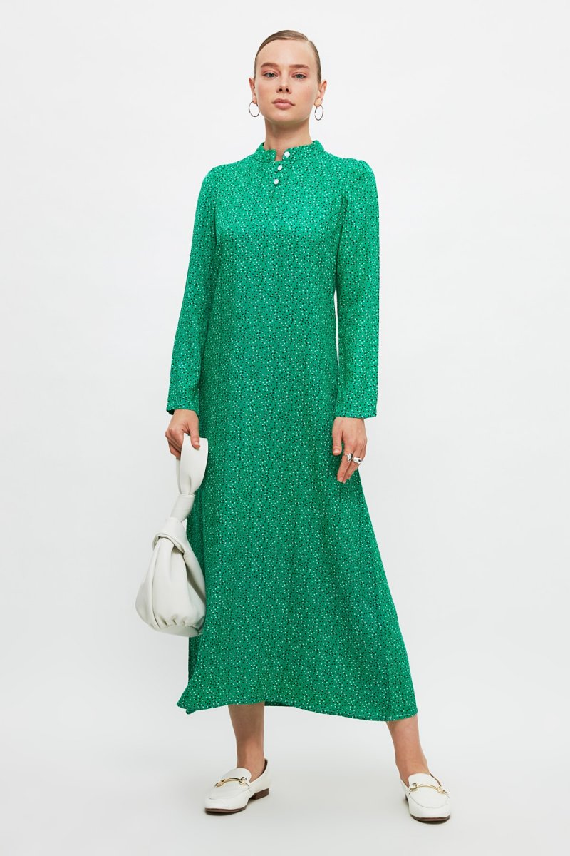 Trendyol Modest Yeşil Çiçek Detaylı Viskon Elbise