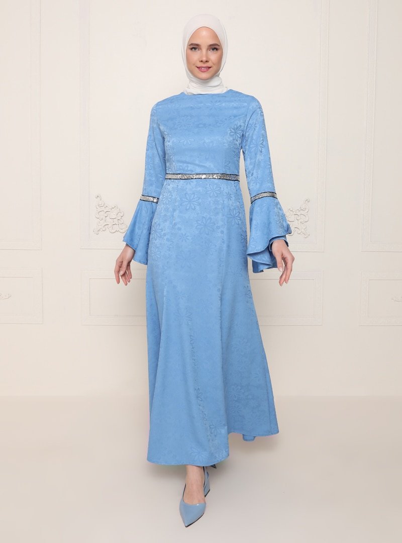 Ziwoman Mavi Beli Pul Detaylı Abiye Elbise
