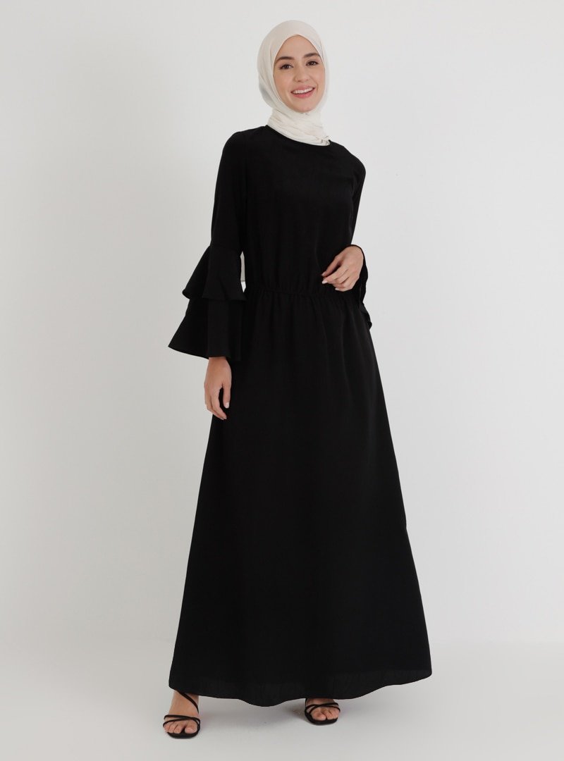 Ziwoman Siyah Kolları Fırfırlı Elbise