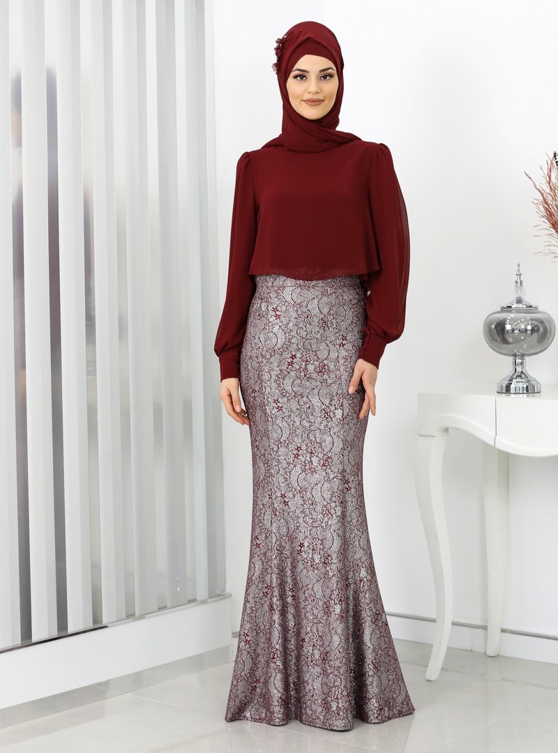 Rana Zenn Bordo Lina Bluz&Etek İkili Abiye Elbise Takım