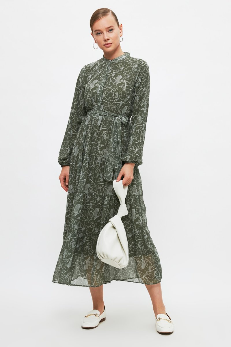 Trendyol Modest Yeşil Çiçek Desen Şifon Elbise