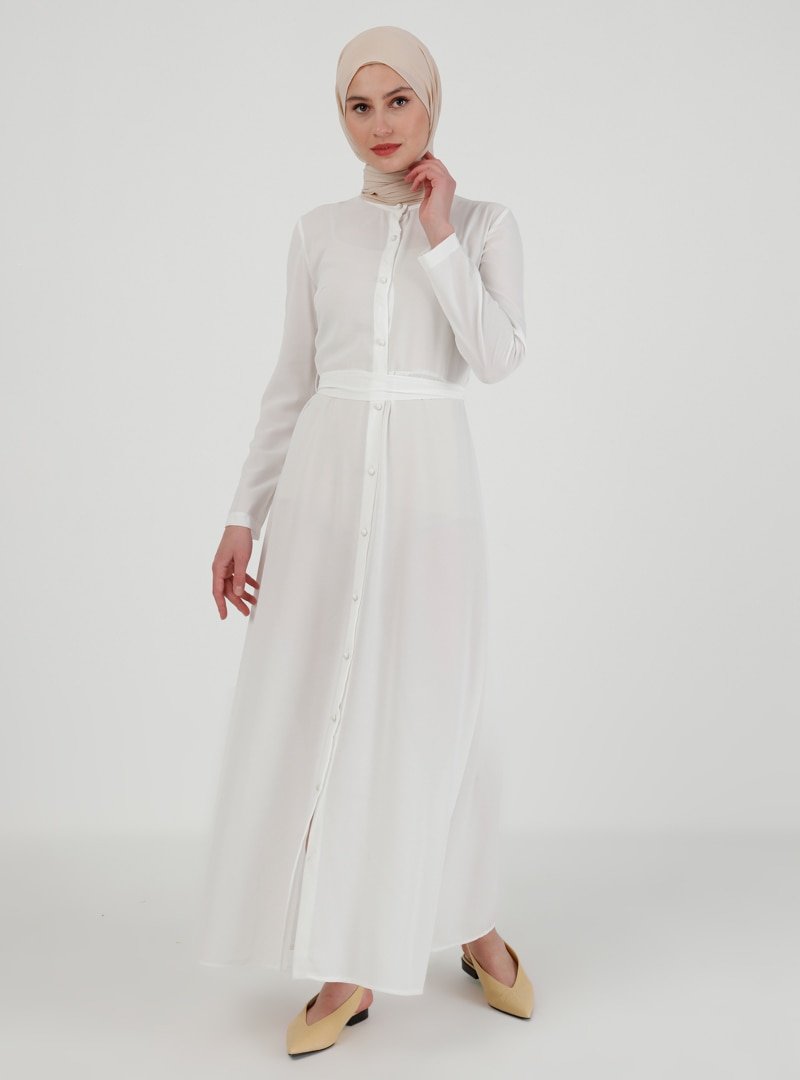 Ziwoman Beyaz Boydan Düğmeli Elbise