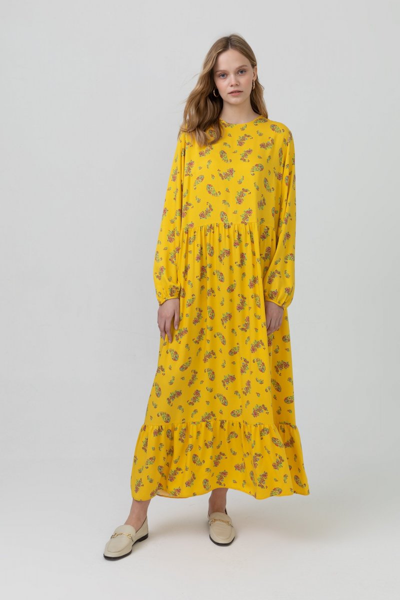 Touche Prive Sarı Şal Desen Büzgülü Elbise