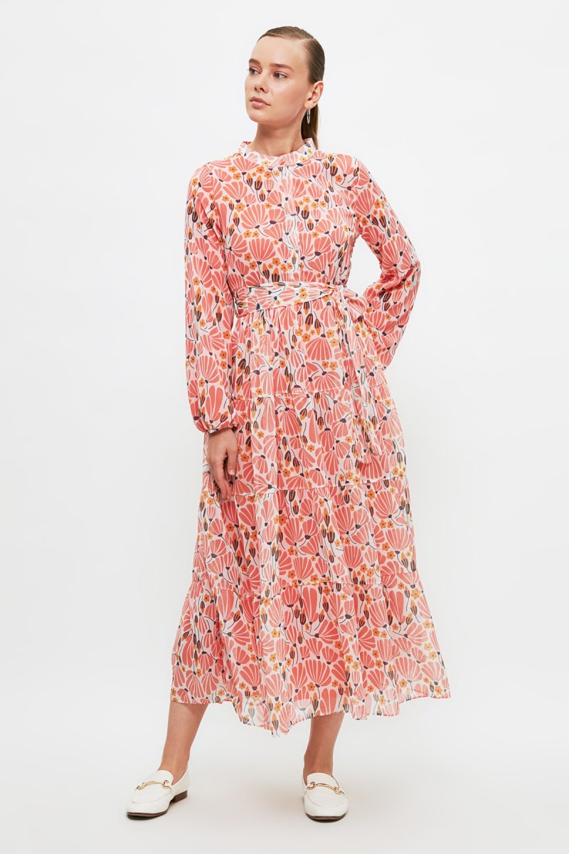 Trendyol Modest Somon Çiçek Desen Şifon Elbise