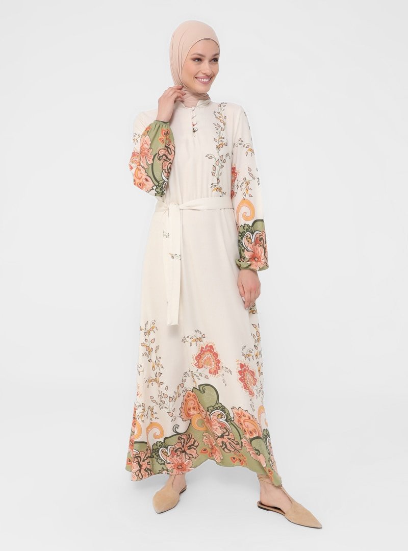 Refka Çiçekli Hardal Doğal Kumaşlı Brit Düğme Detaylı Elbise