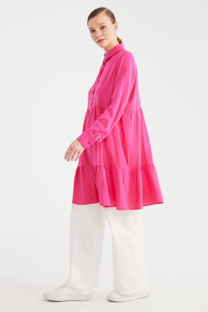 Trendyol Modest Fuşya Gömlek Yaka Tunik Elbise