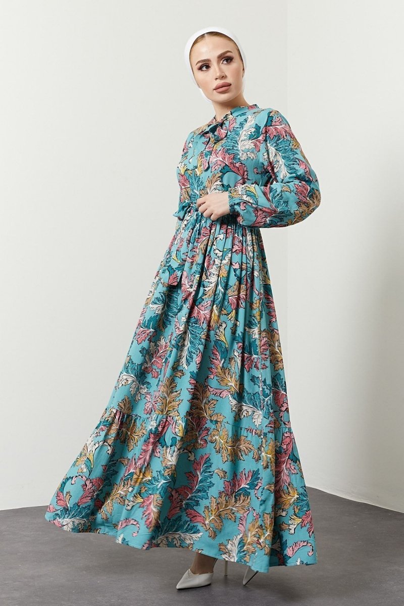 Festmoda Mavi Yaprak Desen Renkli Elbise