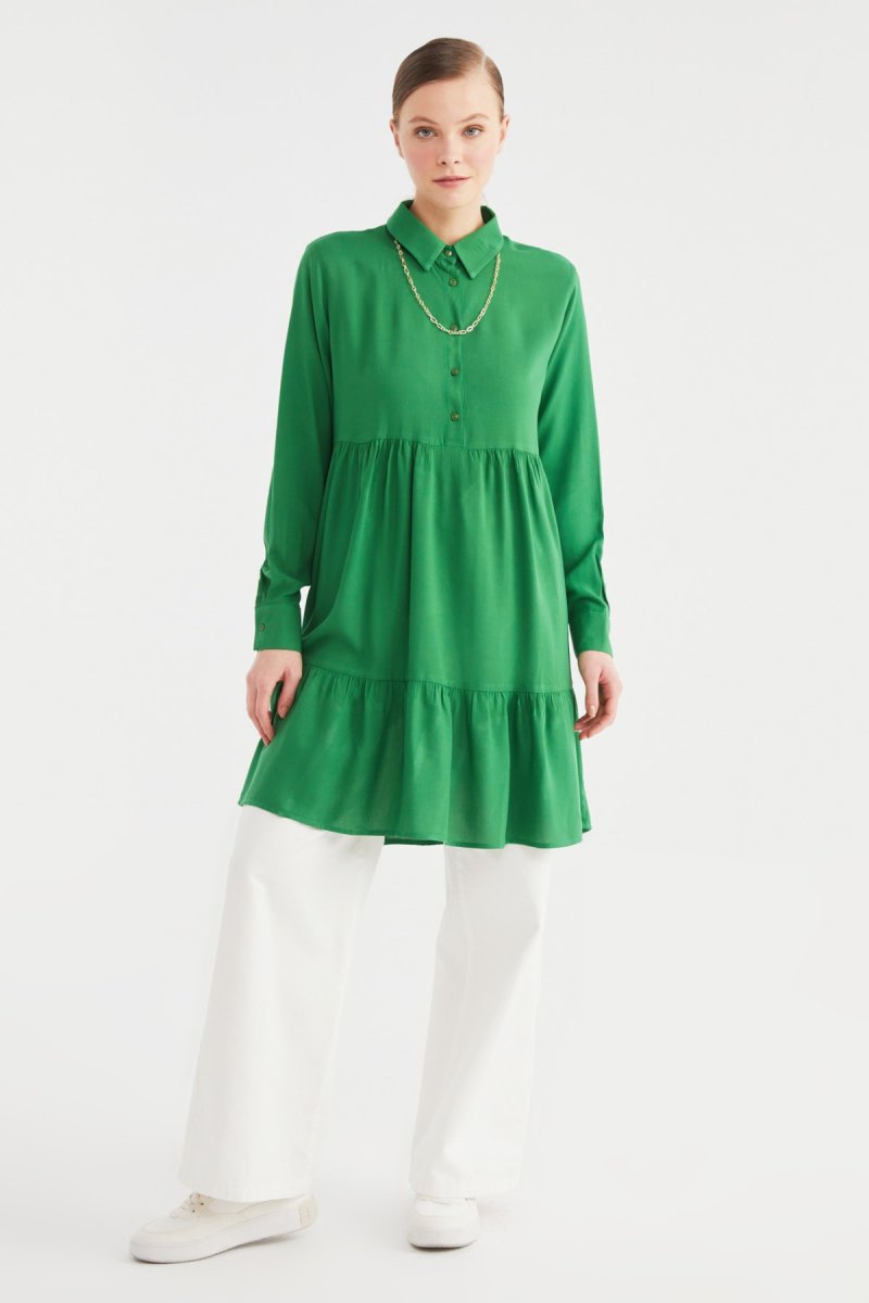 Trendyol Modest Yeşil Gömlek Yaka Tunik Elbise