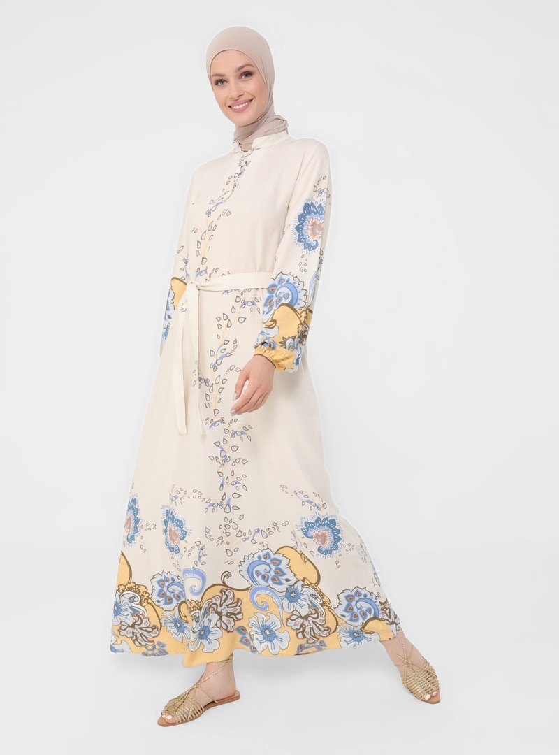 Refka İndigo Çiçekli Doğal Kumaşlı Brit Düğme Detaylı Elbise