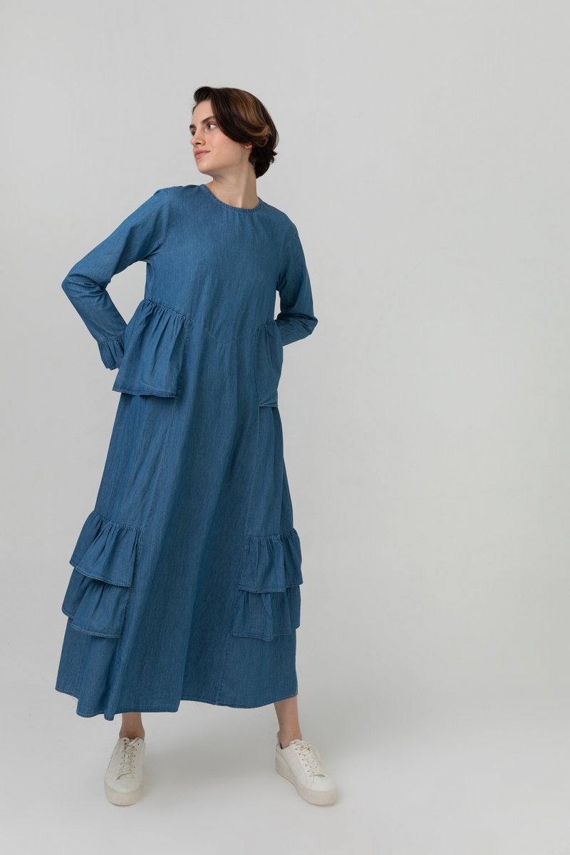 Touche Prive Açık Mavi Fırfırlı Kot Elbise