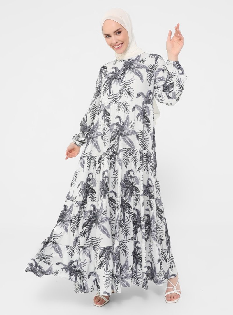 Refka Lila Doğal Kumaşlı Brit Detaylı Desenli Elbise