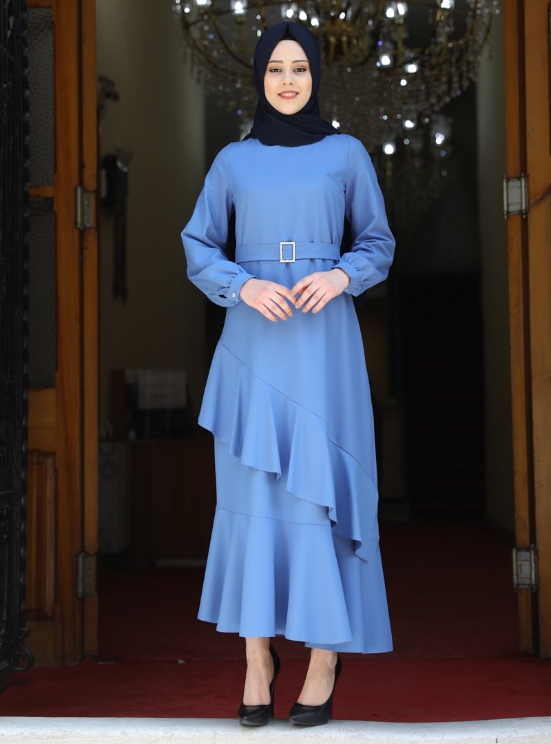 Amine Hüma Buz Mavi Ceylin Abiye Elbise