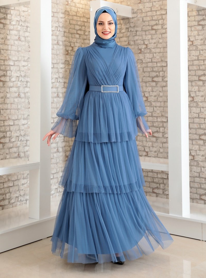 Fashion Showcase Design İndigo Eteği Katlı Tül Abiye Elbise