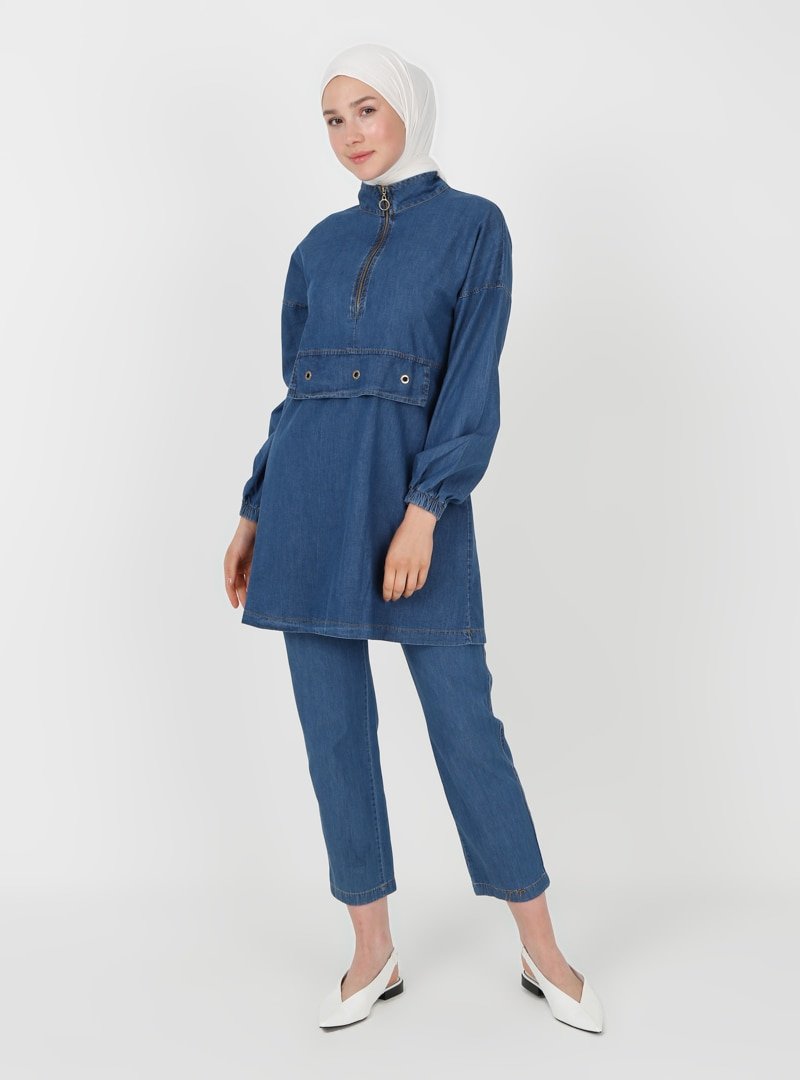 Amine Hüma Koyu Mavi Cep Detaylı Tunik&Pantolon İkili Kot Takım