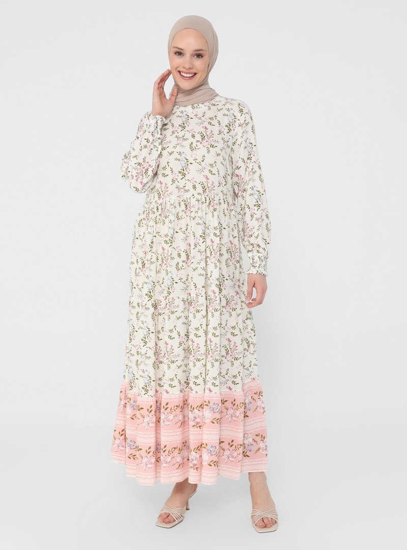 Refka Vanilya Doğal Kumaşlı Çiçek Desenli Elbise