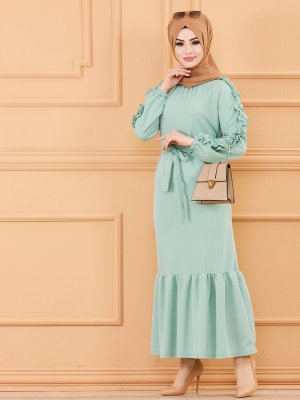 Tofisa Mint Fırfır Detaylı Kuşaklı Elbise