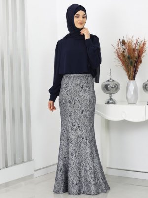 Rana Zenn Lacivert Lina Bluz&Etek İkili Abiye Elbise Takım