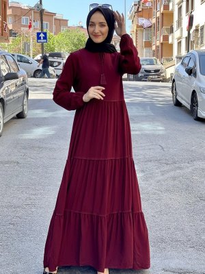 MODAPİNHAN Bordo Püskül Detaylı Elbise