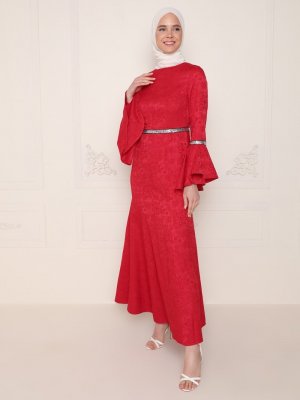 Ziwoman Kırmızı Beli Pul Detaylı Abiye Elbise