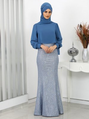 Rana Zenn İndigo Lina Bluz&Etek İkili Abiye Elbise Takım