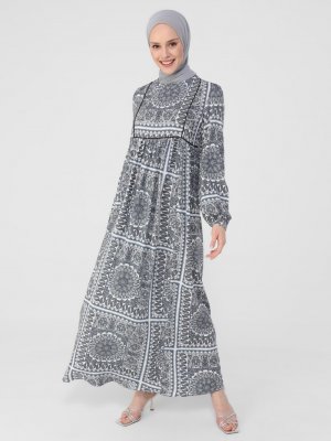 Refka İndigo Doğal Kumaşlı Desenli Elbise