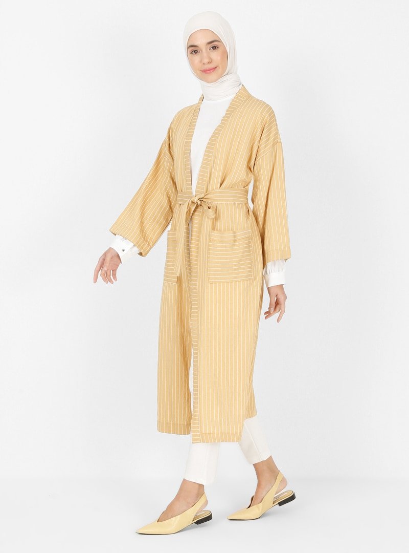 İLMEK TRİKO Sarı Cep Detaylı Kuşaklı Kimono