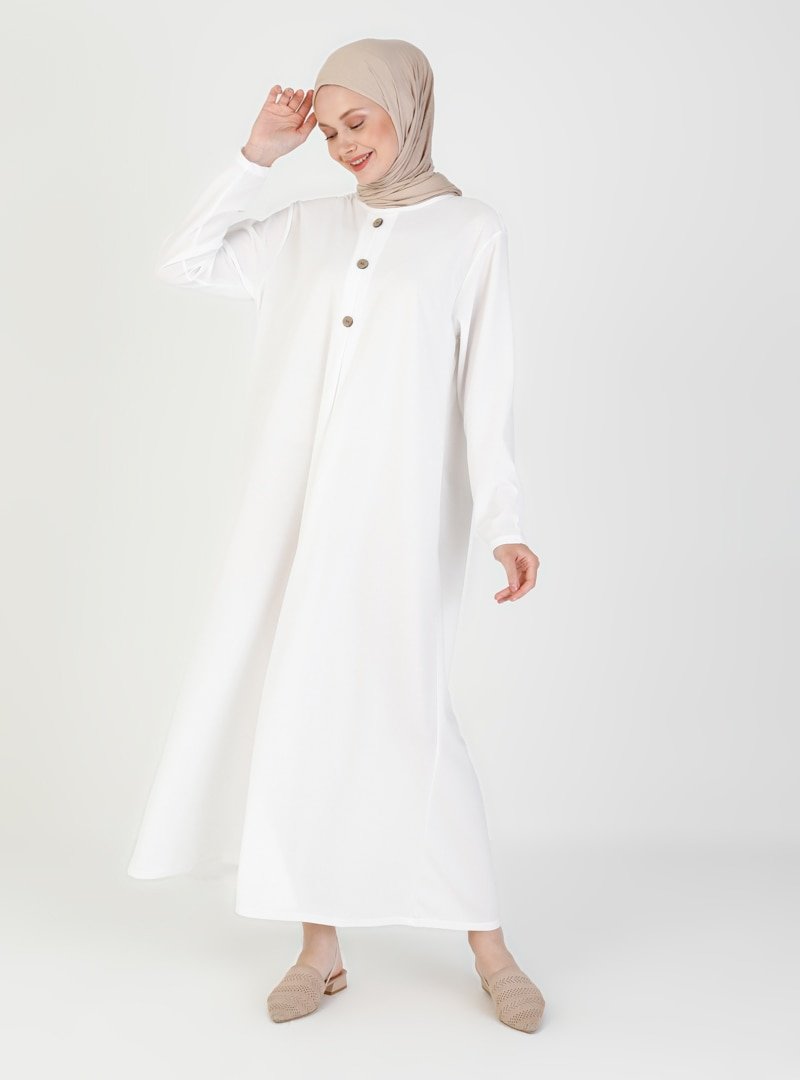 ENSANUR MODA Beyaz Düğme Detaylı Elbise