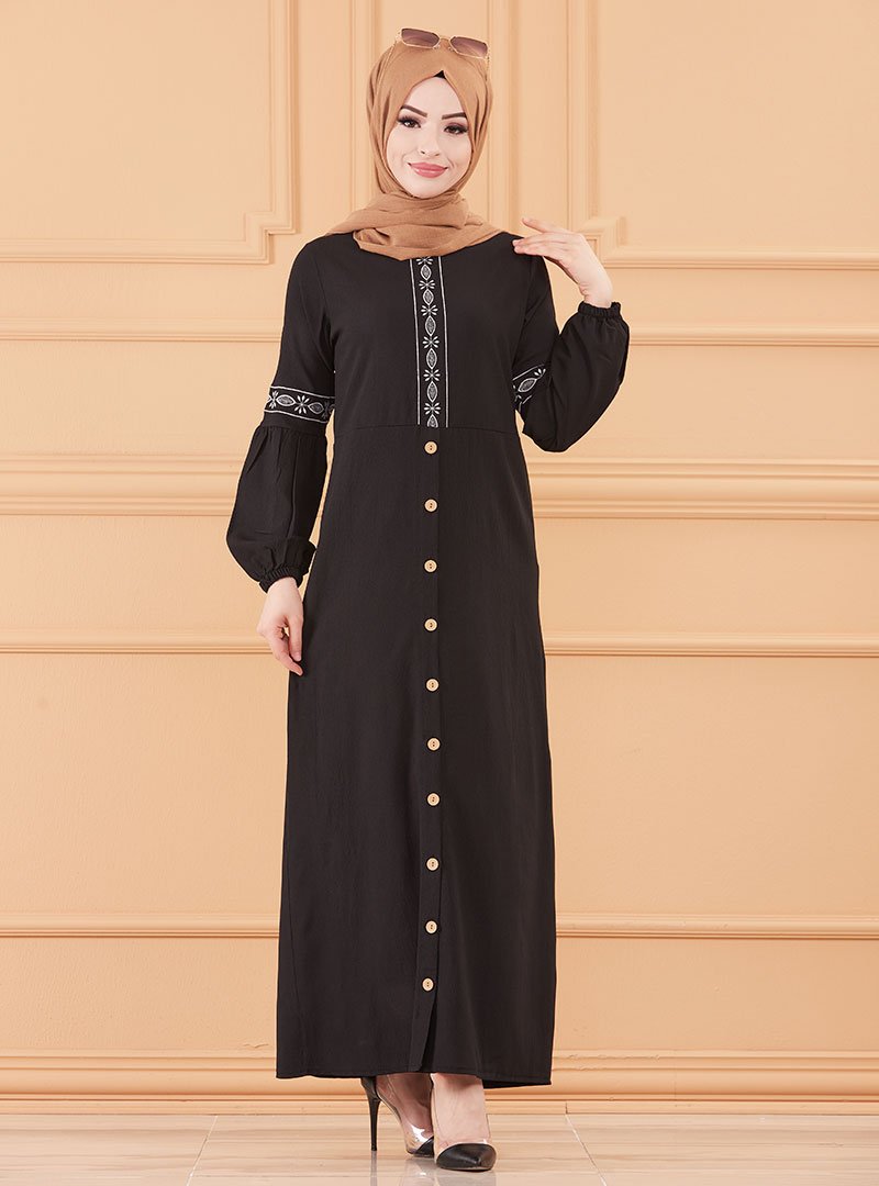 Tofisa Siyah Düğme Detaylı Elbise