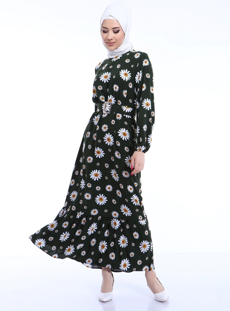 Sevit-Li Haki Çiçek Desenli Elbise