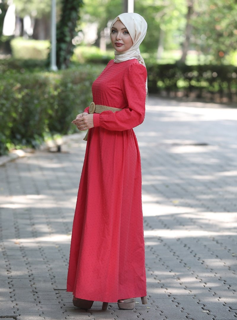 Nurkombin Mercan Hasır Kemerli Elbise