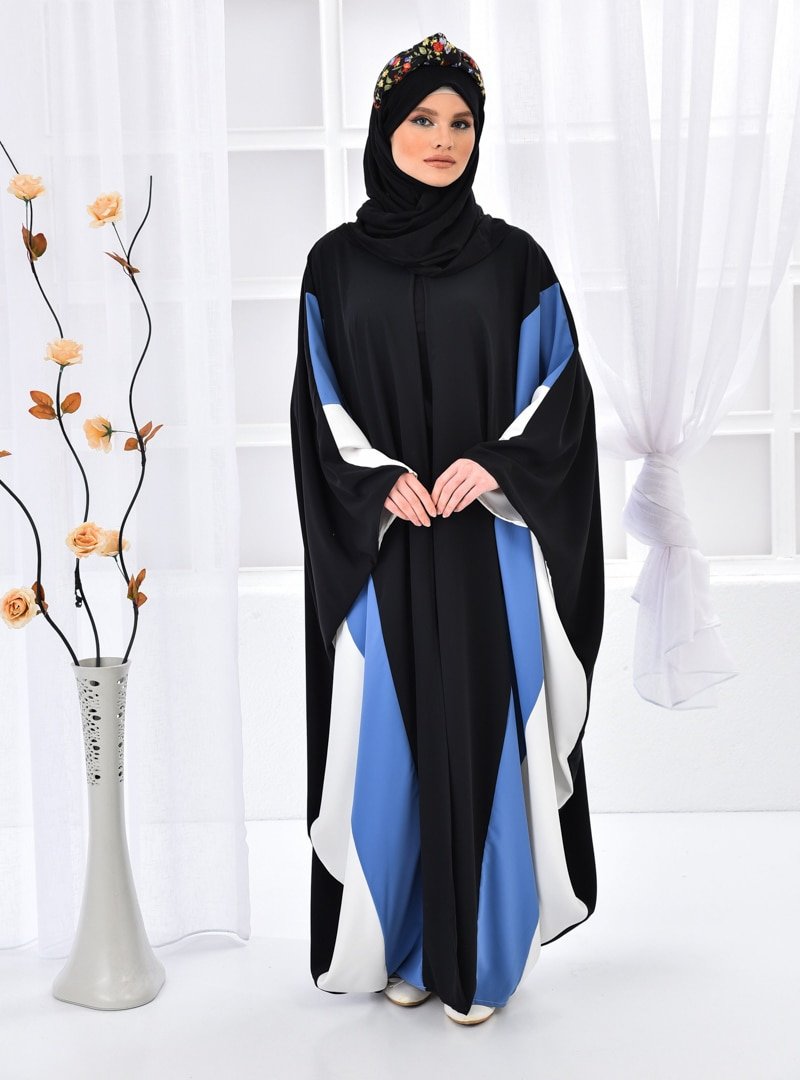 Filizzade Siyah İndigo Üç Renkli Önü Açık Ferace Elbise