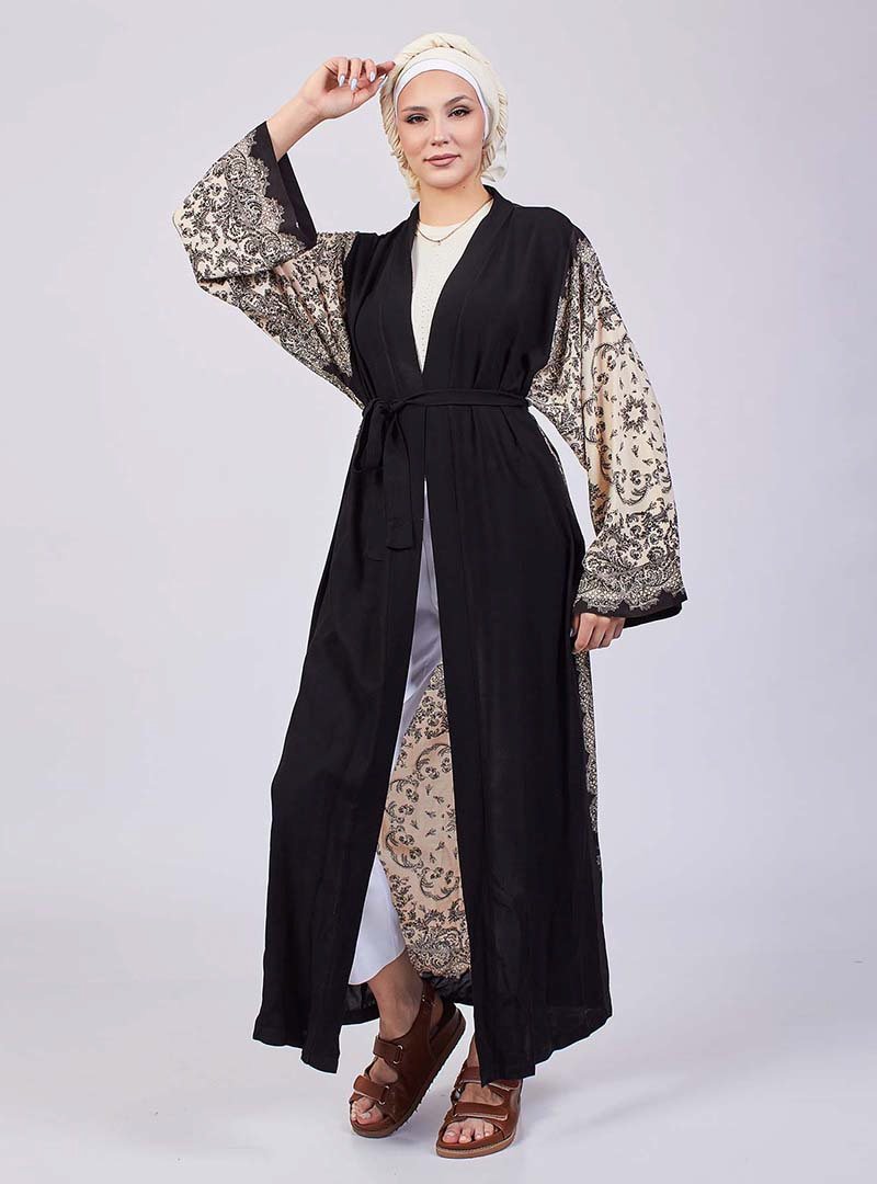 Meryem Acar Siyah Pano Desen Kimono