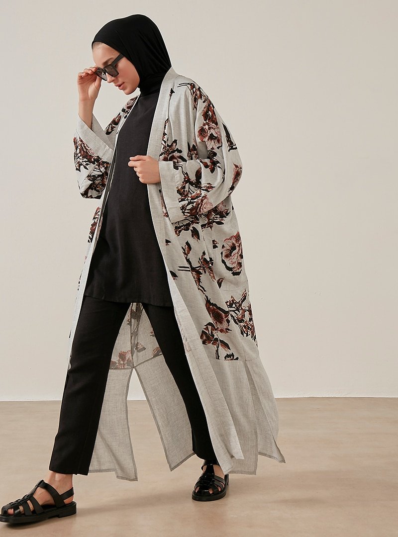 Phull Gri Çiçek Desenli Kimono