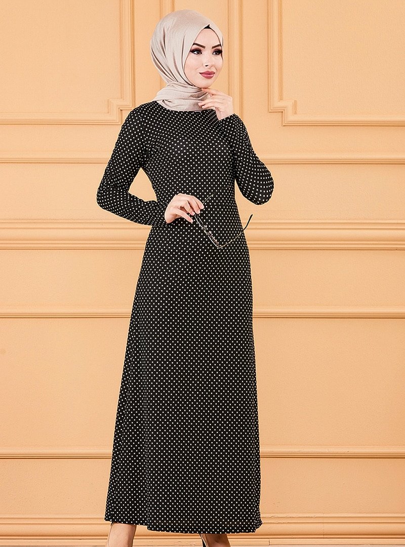 Tofisa Siyah Puantiyeli Elbise