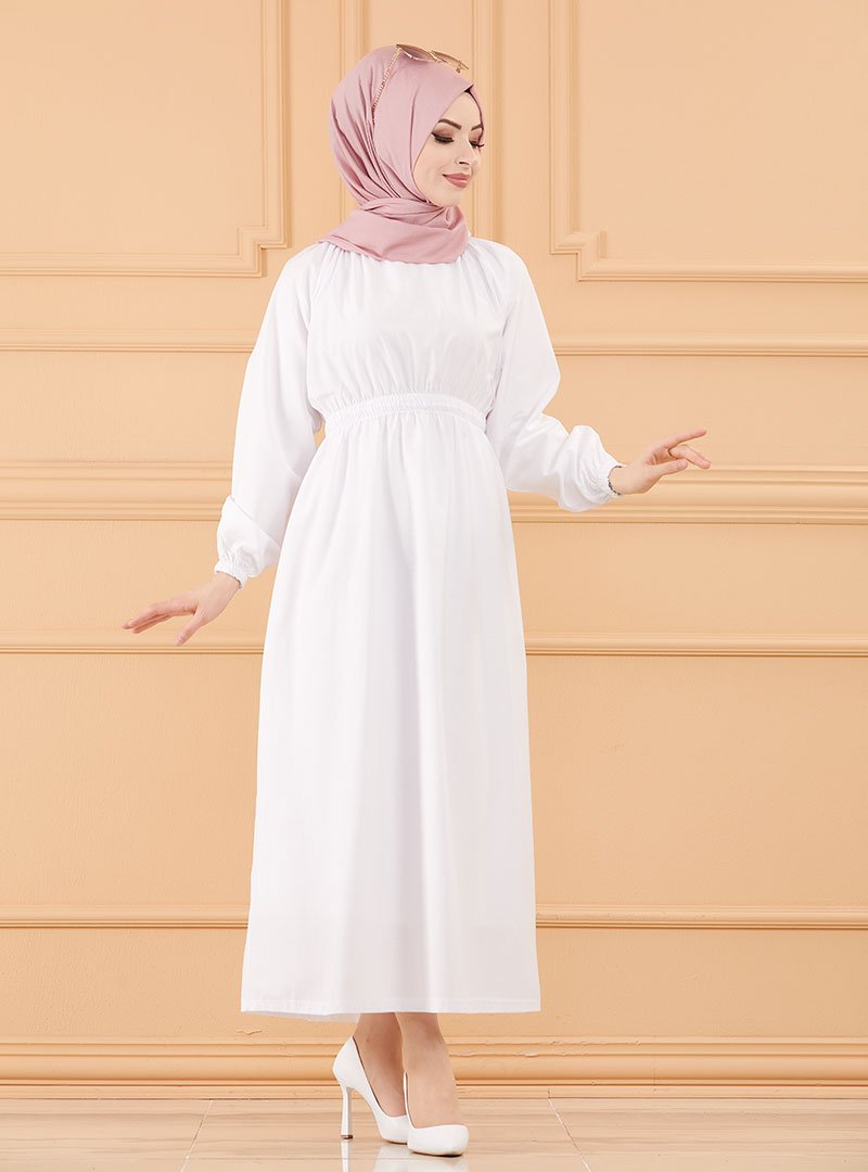 Tofisa Beyaz Beli Lastikli Elbise
