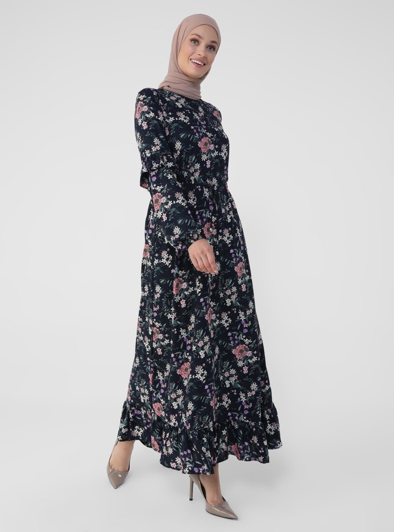 Refka Pembe Lacivert Doğal Kumaşlı Fırfır Detaylı Çiçek Desenli Elbise