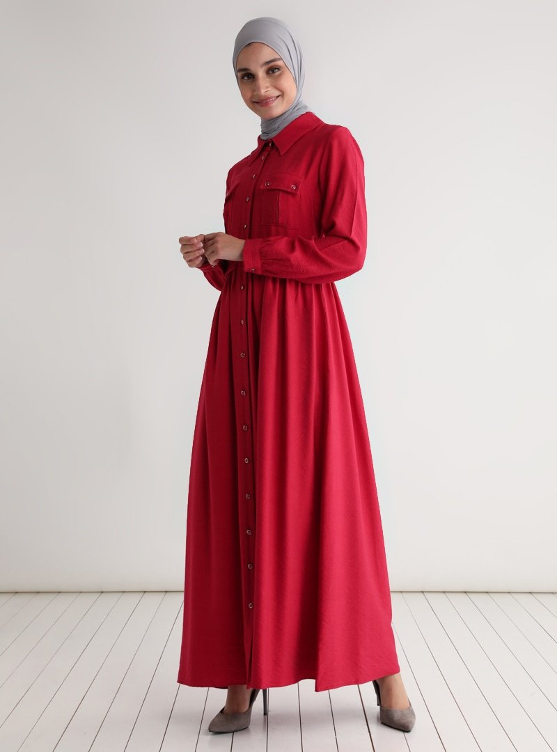 Tavin Bordo Boydan Düğmeli Cep Detaylı Elbise
