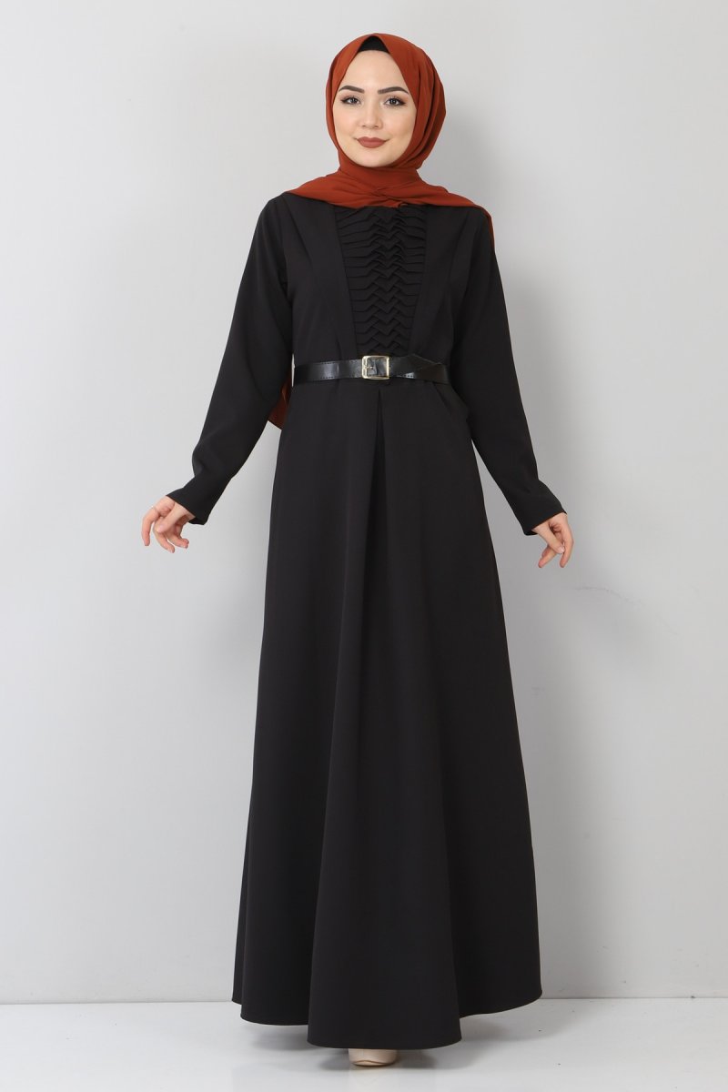 MISSVALLE Siyah Kemerli Drapeli Elbise