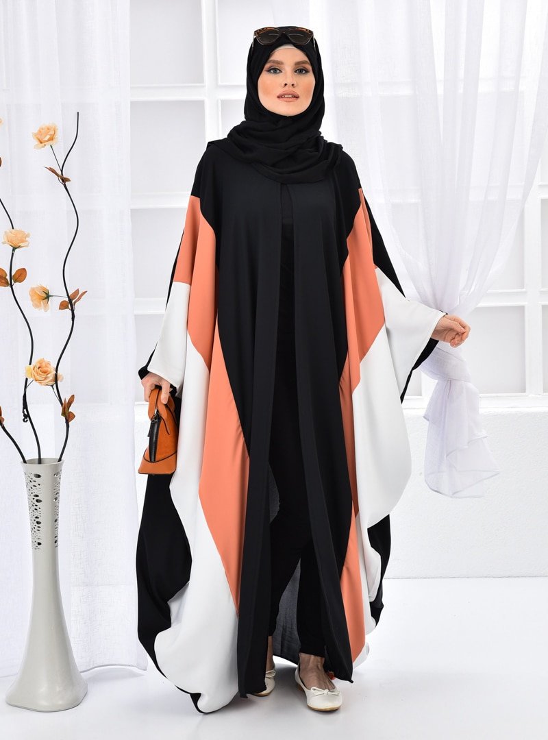 Filizzade Siyah Kiremit Üç Renkli Önü Açık Ferace Elbise